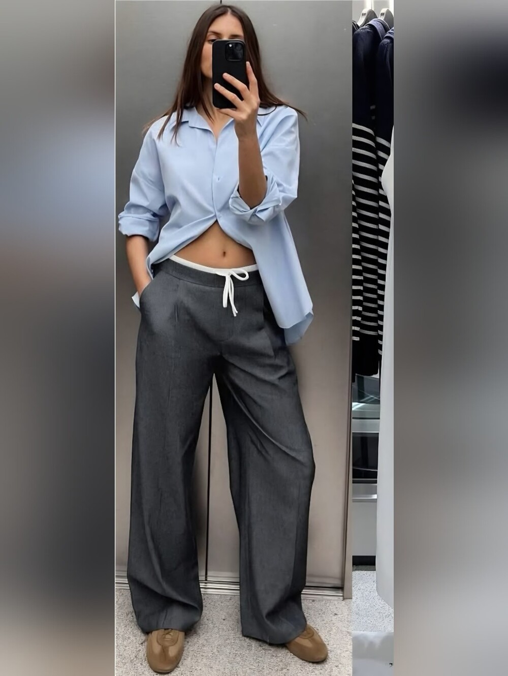 ZARA Wide-Leg Double Waisted Drawstring Pants in Charcoal Gray